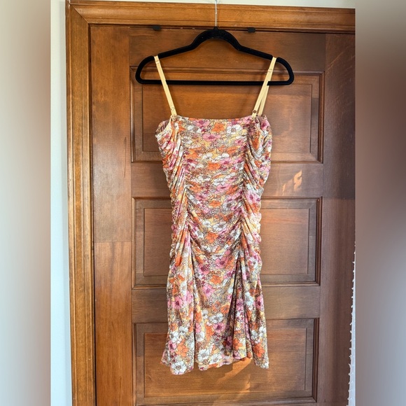 Fashion Nova Marilynne Mesh Ruched Mini Dress - Mustard Floral - Picture 5 of 6